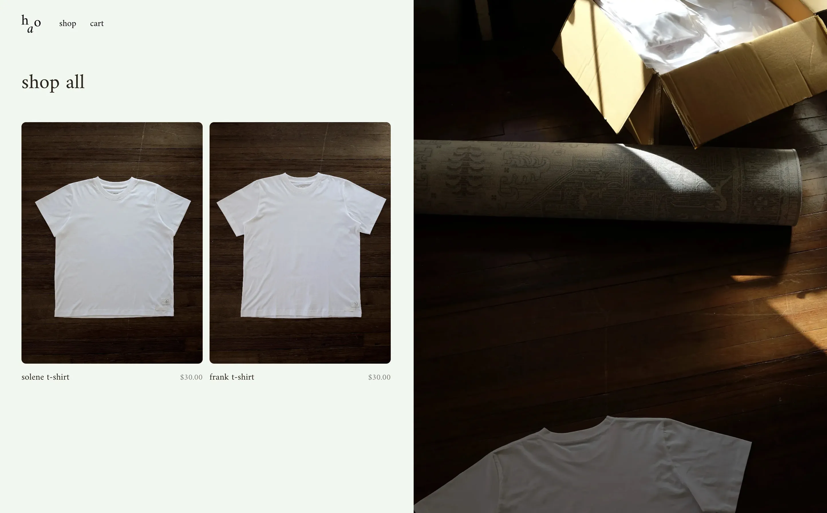 hundred and one shop page with split layout,product cards and editorial image