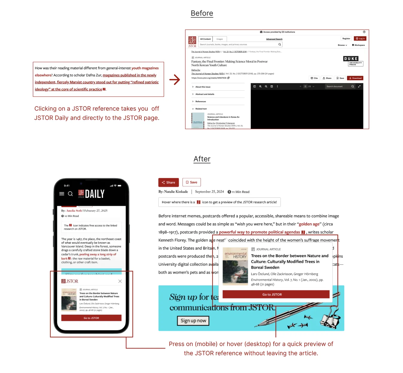 Inline reference preview on hover, allowing users to preview JSTOR research without leaving the article