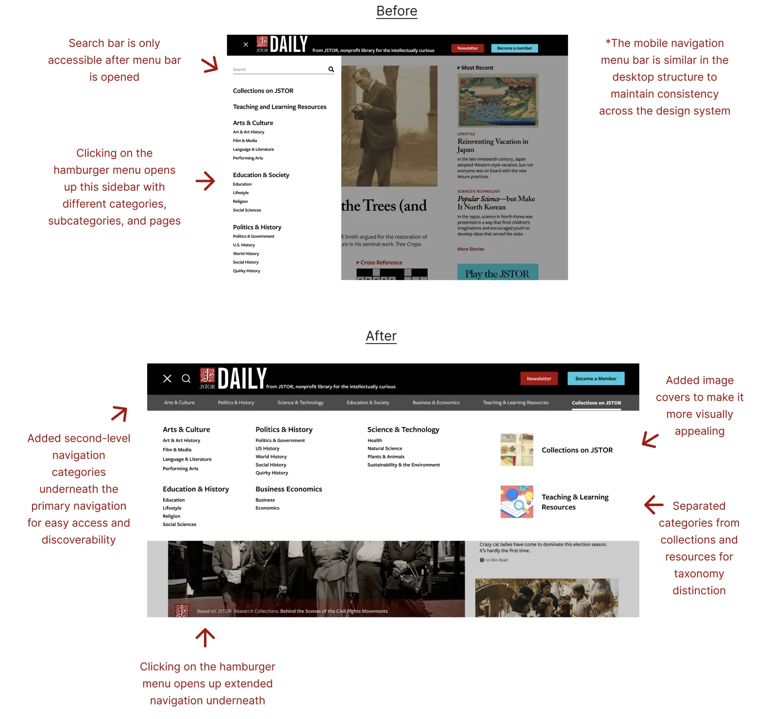 Navigation before and after comparison showing improved menu structure and search placement